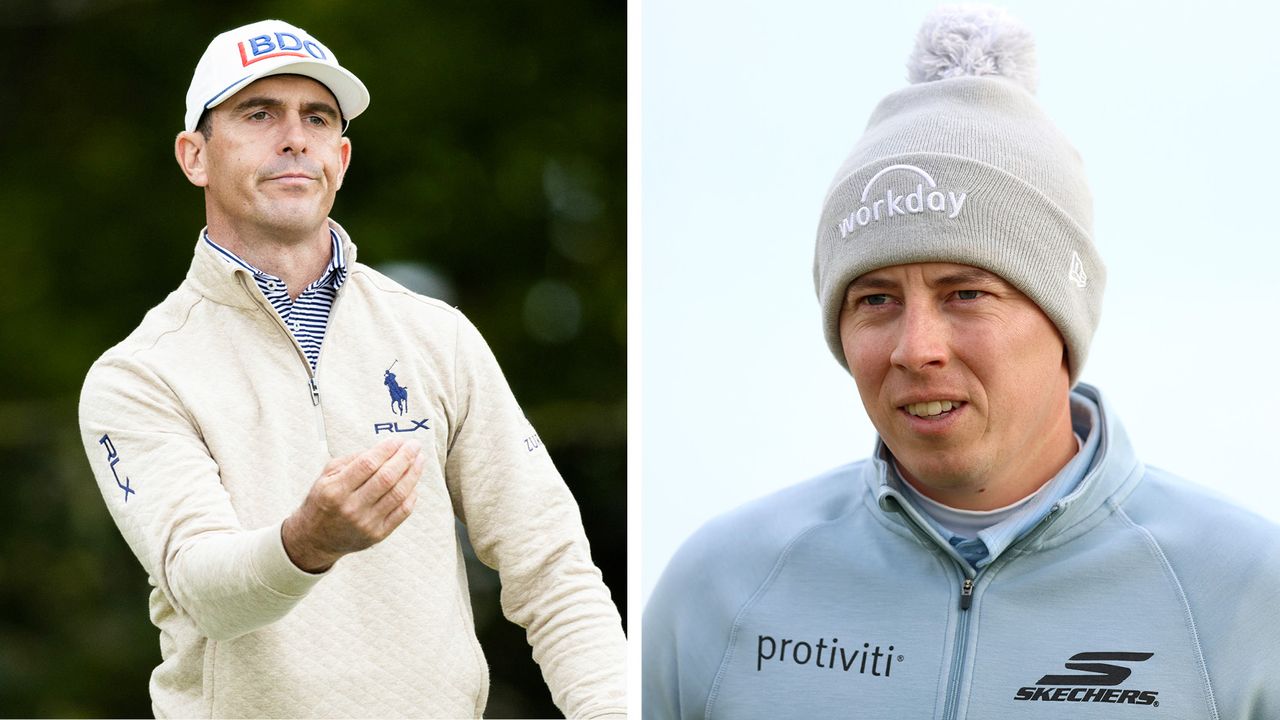 Billy Horschel throws the ball to his caddie, Matt Fitzpatrick walks down the fairway