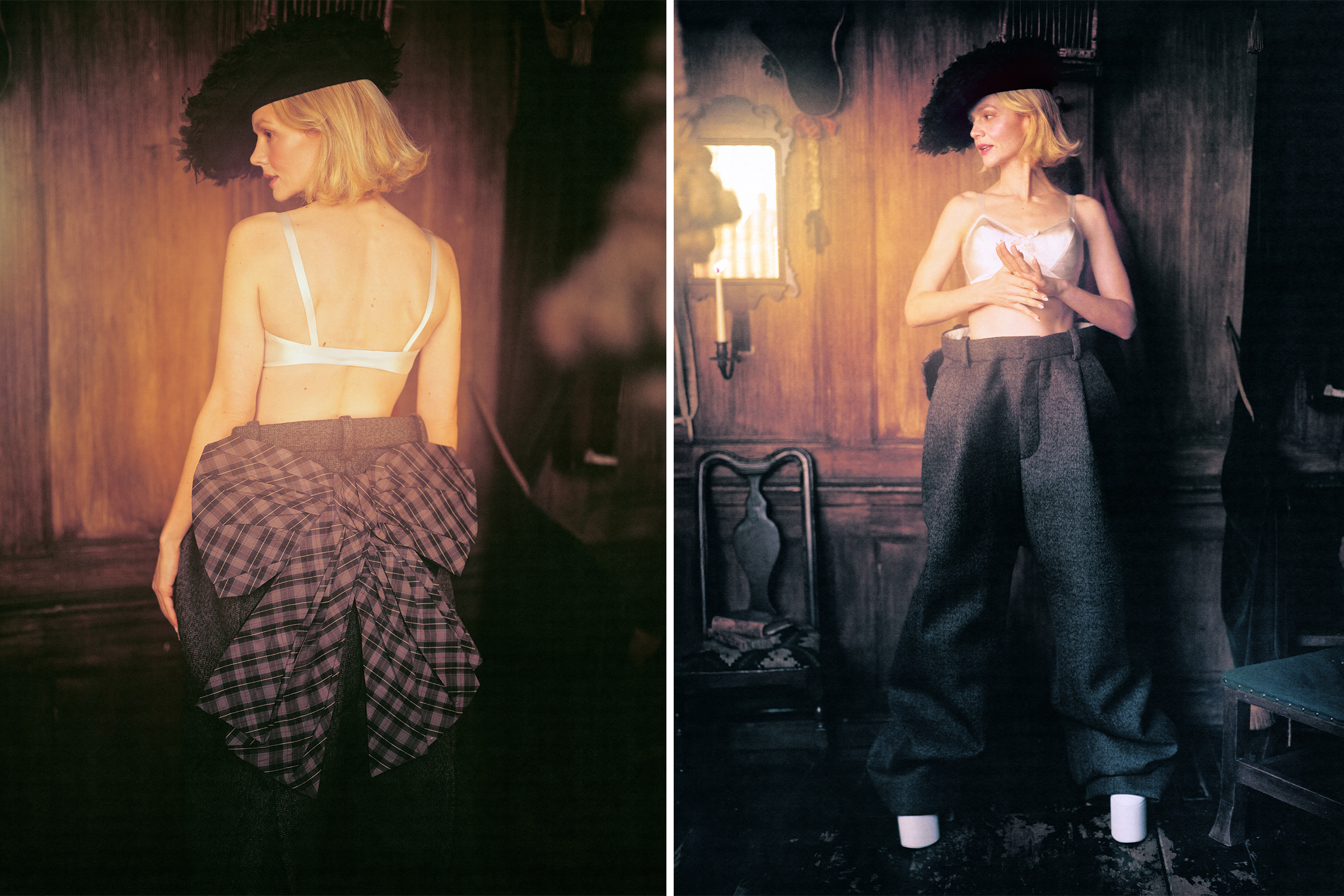 Carey Mulligan for Who What Wear's April cover story wearing a white bra with tweed work pants with an oversized tartan bow on the back. She is also wearing a feathery black hat.