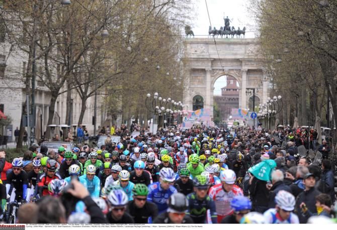 The riders get set to leave Milan