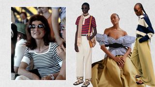 Jackie Kennedy wearing a marinière Breton striped top next to models from Valentino, Rosie Assoulin, and Tibi wearing striped tops