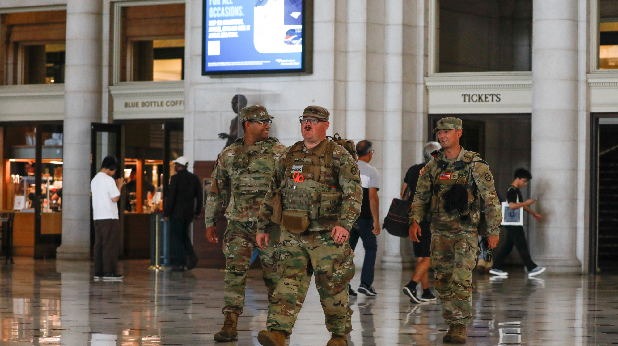 WASHINGTON, UNITED STATES - AUGUST 24 : Members of the National Guard are seen at Union Station on August 24, 2025, in Washington D.C., United States. 