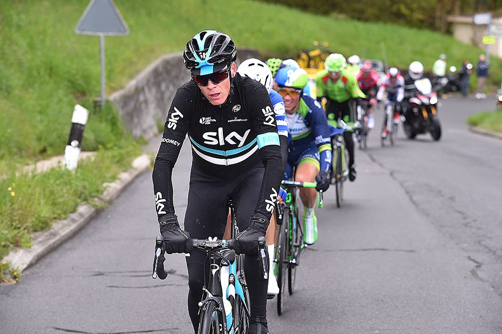 Chris Froome (Sky) on the attack on the final day of the Tour de Romandie.
