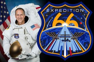 The International Space Station Expedition 66 patch, as designed by NASA astronaut Tom Marshburn and artist Blake Dumesnil. The insignia derives its shape from a Route 66 highway shield and celebrates a Marvel comic book artist.