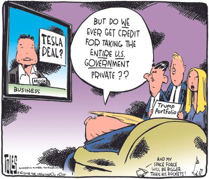 Political cartoon U.S. Trump Elon Musk Tesla government privatization business Space Force