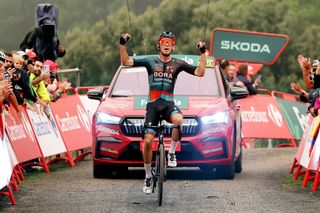 CARAVACA DE LA CRUZ SPAIN SEPTEMBER 03 Lennard Kmna of Germany and Team BORA Hansgrohe celebrates at finish line as stage winner during the 78th Tour of Spain 2023 Stage 9 a 1845 stage from Cartagena to Collado de la Cruz de Caravaca 1089m UCIWT on September 03 2023 in Collado de la Cruz de Caravaca Spain Photo by Alexander HassensteinGetty Images