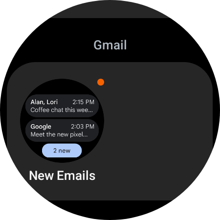 Gmail's "new emails" tile for Wear OS devices.