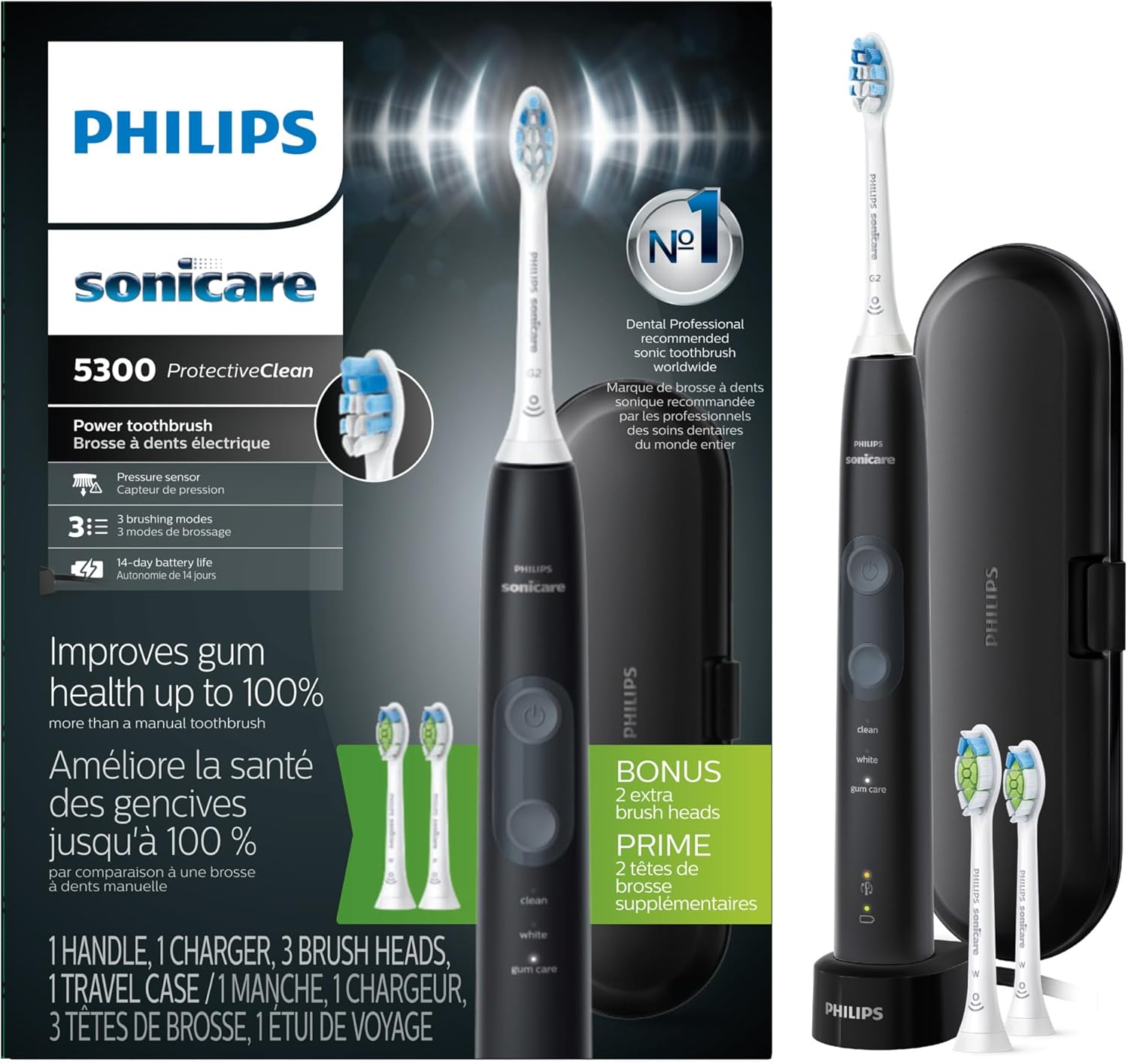 Philips Sonicare, Philips Sonicare Protectiveclean 5300 Rechargeable Electric Toothbrush, With Pressure Sensor, 3 Cleaning Modes, Smartimer and Quadpacer, With 2 Bonus Brush Heads, Travel Case, Black, Model Hx6423/34