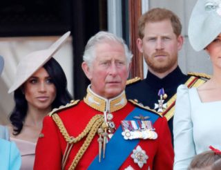 King Charles, Prince Harry, and Meghan Markle at Trooping the Colour 2018