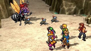A screenshot of the Suikoden remaster showing a battle scene