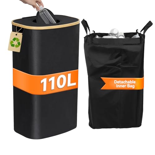 Dollar Boss Bottle Recycling Bins for Kitchen 110l Indoor Recycle Bins Storage, Bottle Bin Waterproof Glass Bin, Bottle Storage Bins, Deposit Bottle Collector Bins With Lid, Reusable Inner Bag Black