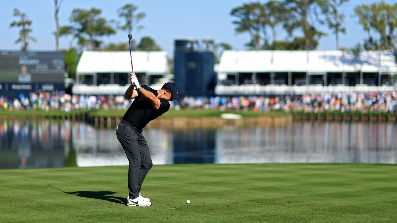 Rory McIlroy plays his tee shot on the 17th at TPC Sawgrass