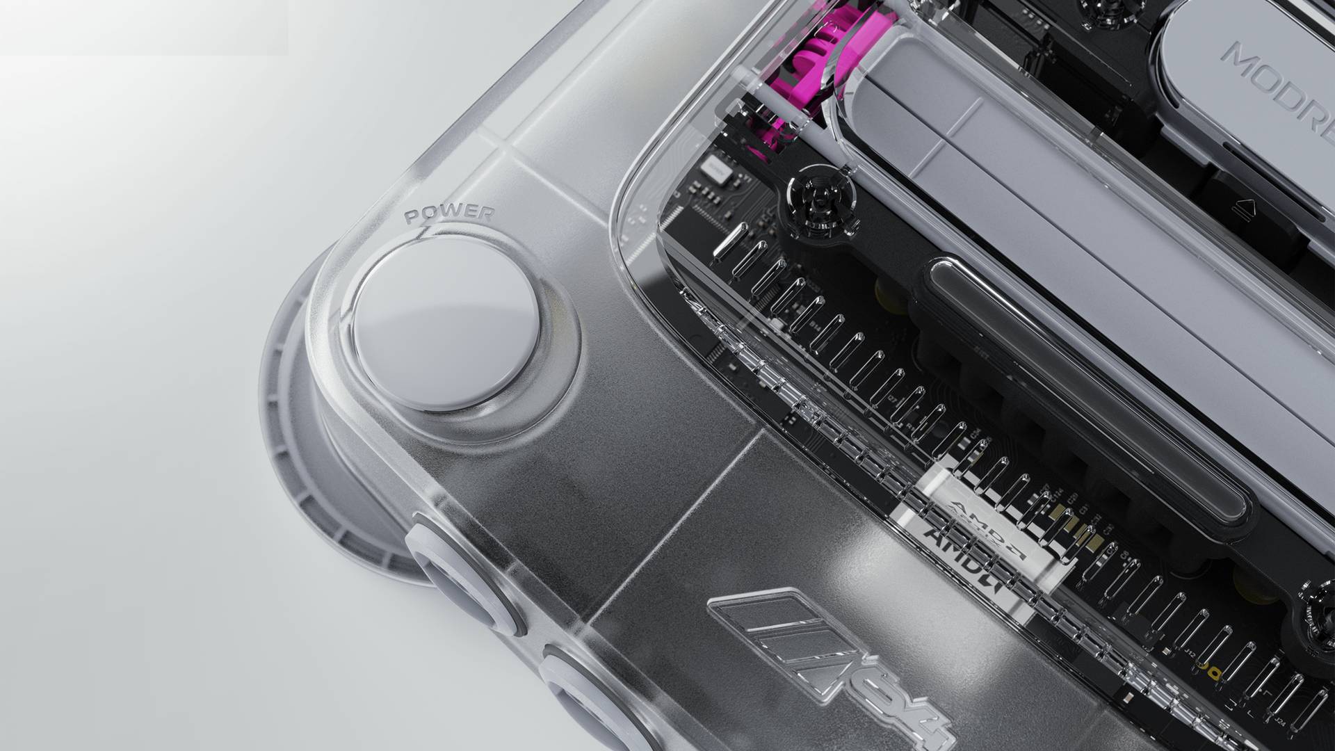 Close up of Modretro M64 reset button