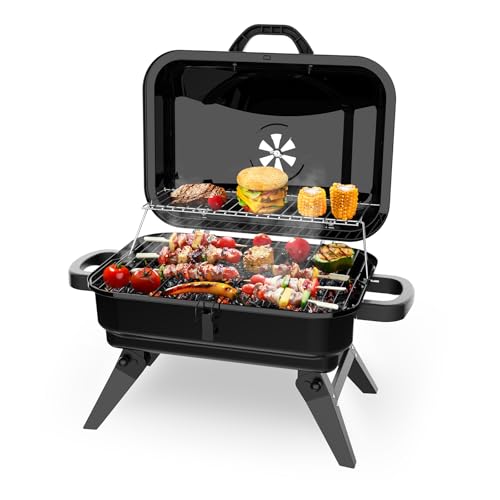 Bbqcuker Portable Charcoal Grill With Warming Rack, Small Tabletop Barbecue Grill, Foldable Legs, Adjustable Vent, Total 343 Sq. In.cooking Space, Outdoor Bbq Grill for Camping and Picnics (black)