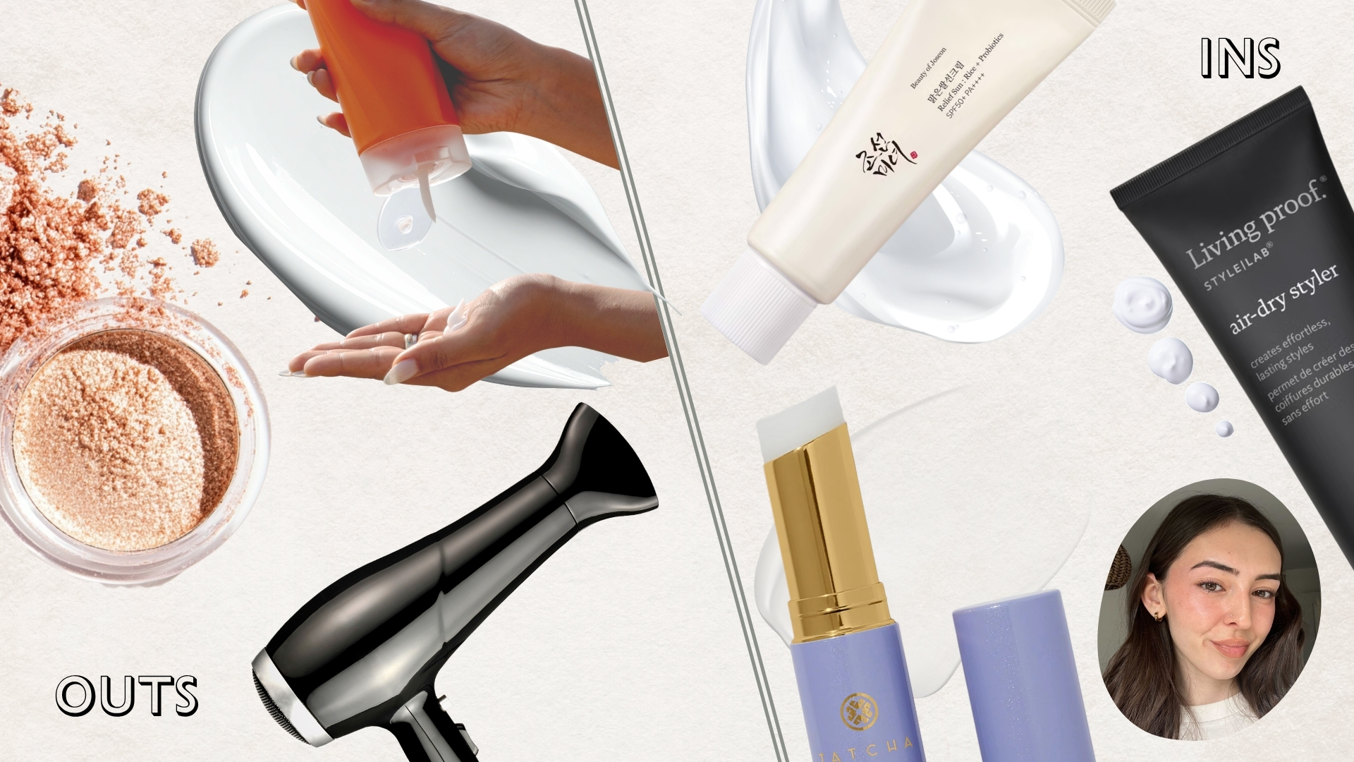 Sennen's beauty outs for the heatwave (L-R) include highlighter, matte sunscreens and blowdrying hair, ins (R) include a radiant sunscreen, air-drying hair and a dewy serum stick.
