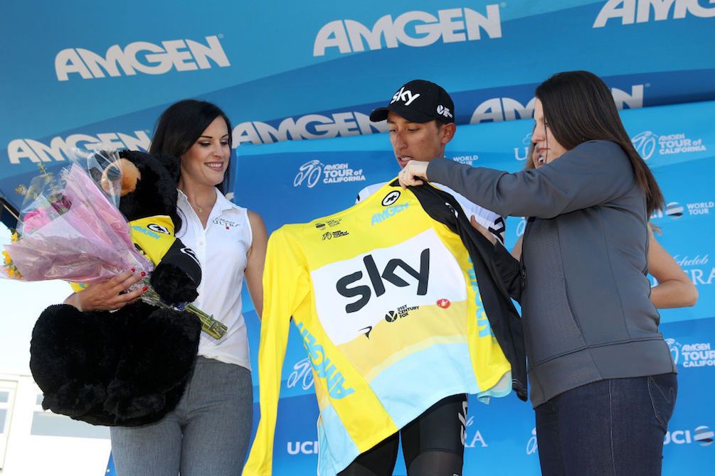 Egan Bernal (Team Sky) receives his leader's jersey following stage 3 of the 2018 Tour of California