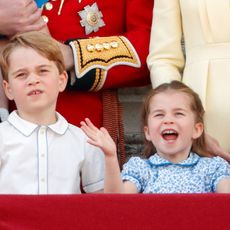 london, united kingdom june 08 embargoed for publication in uk newspapers until 24 hours after create date and time prince george of cambridge and princess charlotte of cambridge watch a flypast from the balcony of buckingham palace during trooping the colour, the queens annual birthday parade, on june 8, 2019 in london, england the annual ceremony involving over 1400 guardsmen and cavalry, is believed to have first been performed during the reign of king charles ii the parade marks the official birthday of the sovereign, although the queens actual birthday is on april 21st photo by max mumbyindigogetty images