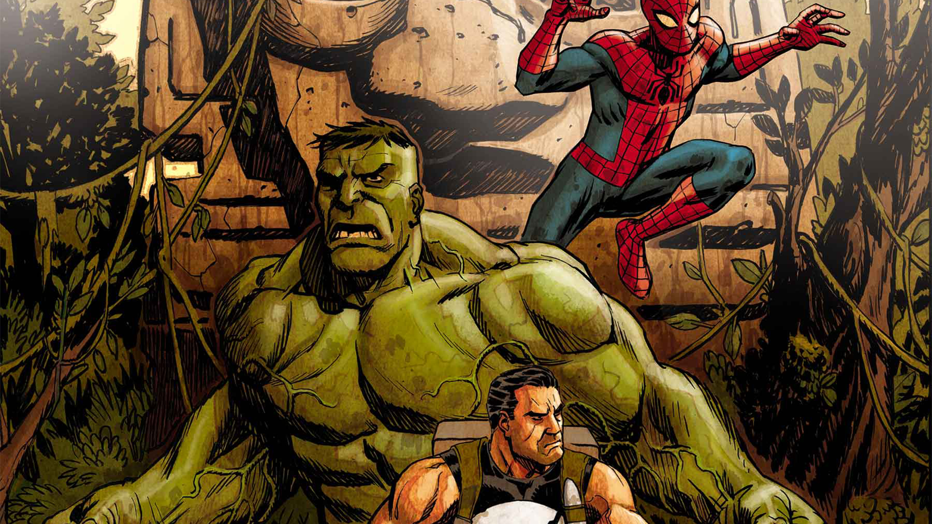Spider-Man, Hulk, and Punisher posing in the jungle alongside a carved stone head