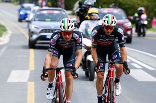Filippo Tagliani and Mattia Bais in a two-up Drone Hopper-Androni breakaway at the 2022 Giro d'Italia 
