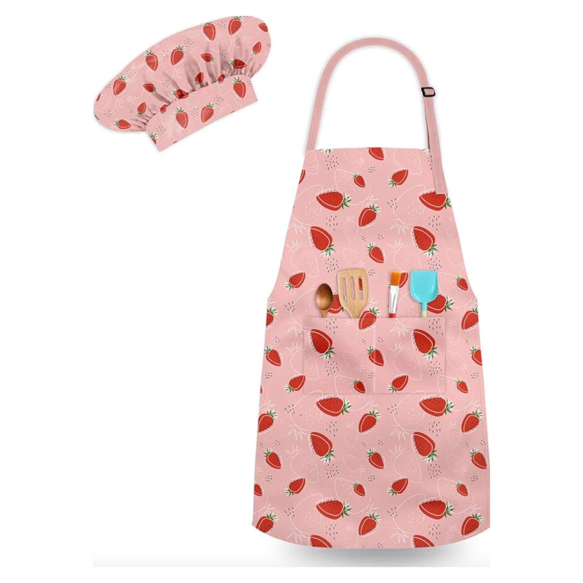 Pink and red strawberry-printed chef hat with matching apron 