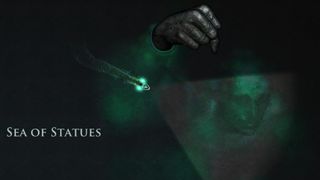 A ship moving past a submerged statue and a spooky sea in Sunless Sea