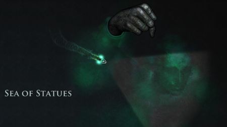 A ship moving past a submerged statue and a spooky sea in Sunless Sea