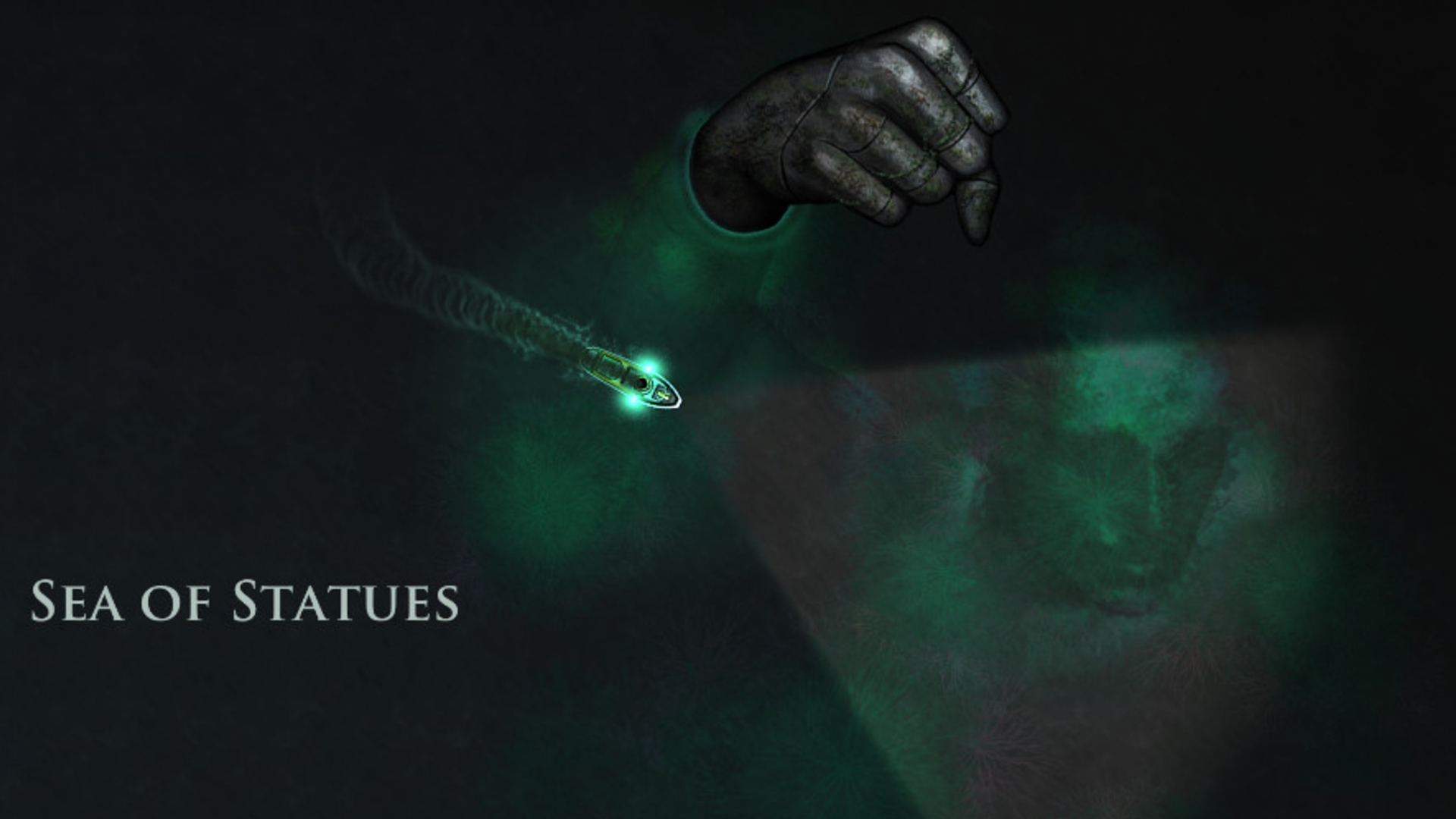 A ship moving past a submerged statue and a spooky sea in Sunless Sea