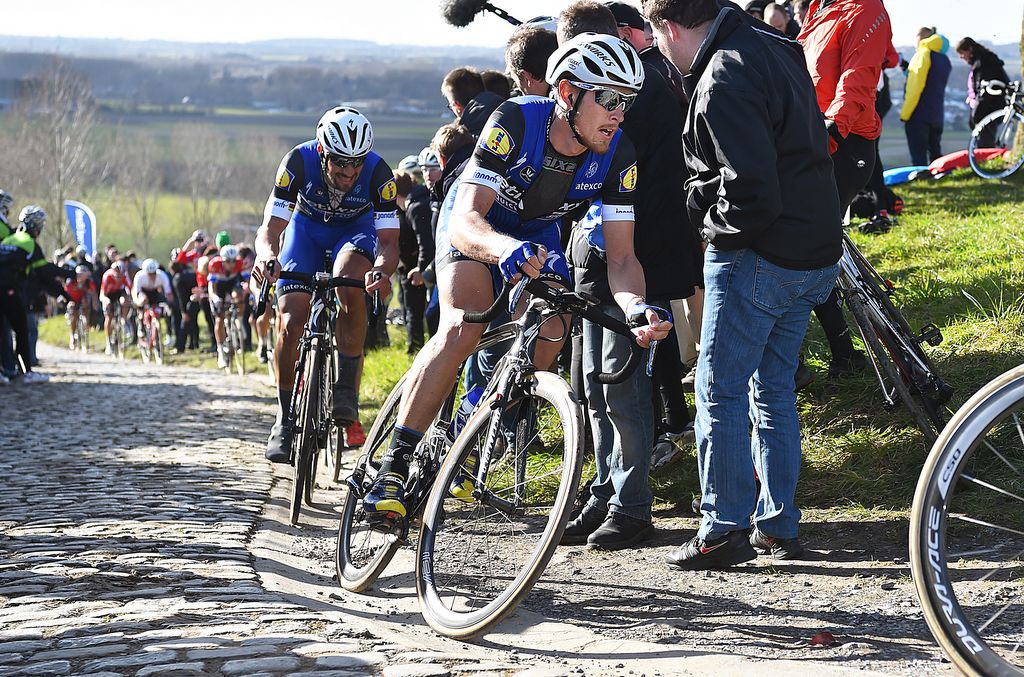 Matteo Trentin (Etixx-QuickStep) with teammate Tom Boonen on the Patersberg