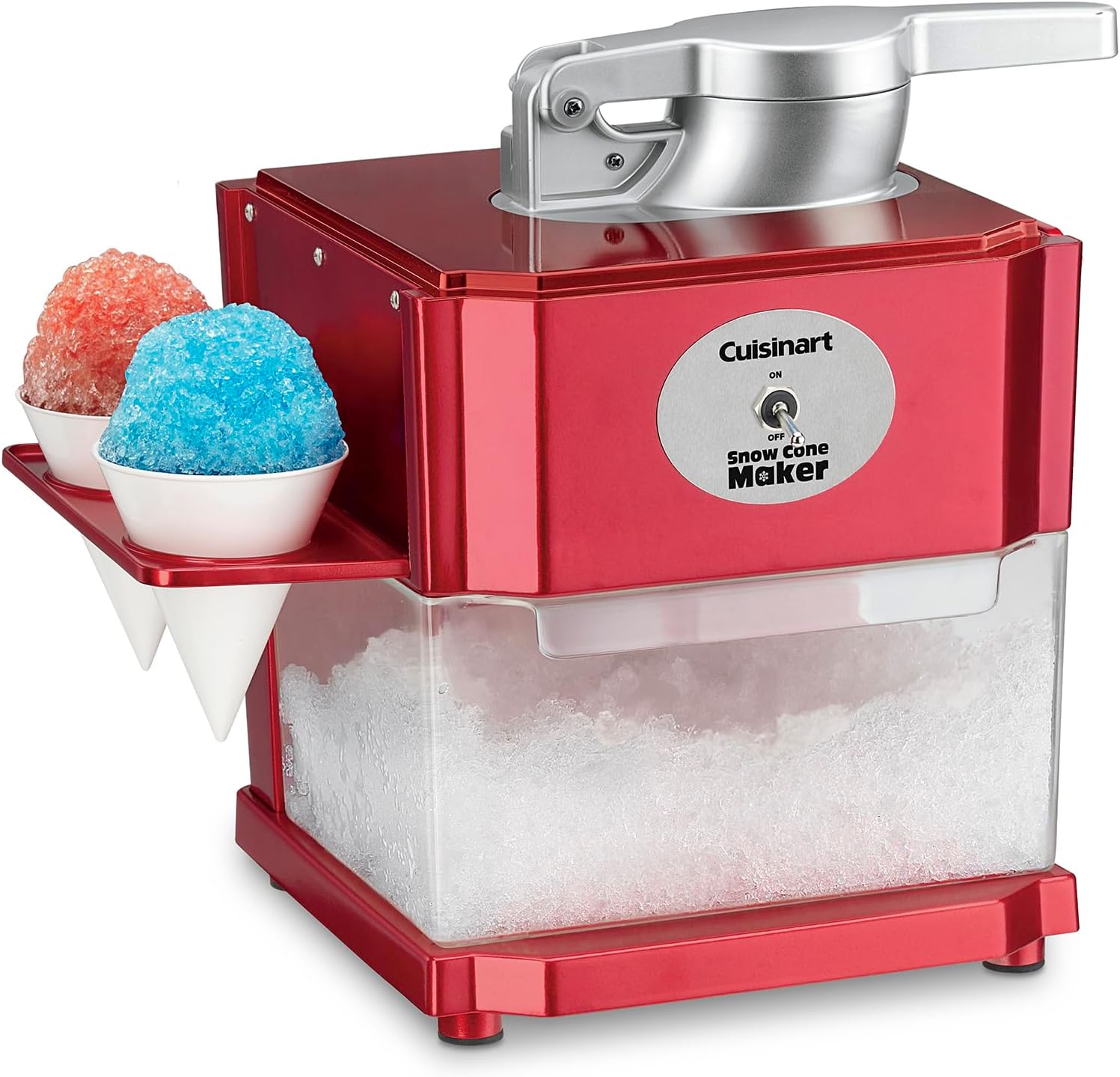 A Cuisinart snow cone machine with two cones in a stand