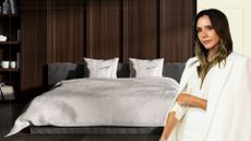 Compilation image of a wood panelled bedroom with an overlay of Victoria Beckham 
