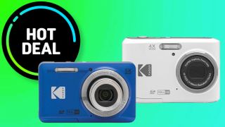 Two Kodak cameras, one blue with 5X zoom and one white with 4X zoom, on a bright green background marked with "Hot Deal."
