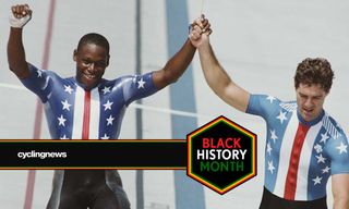 Nelson Vails celebrates with Mark Gorski after the sprint in the 1984 Olympic Games in Los Angeles