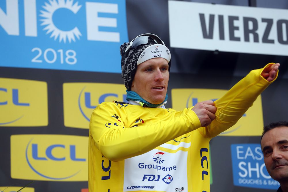 Arnaud Demare in yellow after stage 2 at Paris-Nice