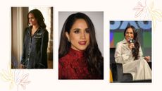 Three images of Meghan Markle on a cream background with floral graphics.