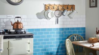 colour block walls blue and white kitchen tiles