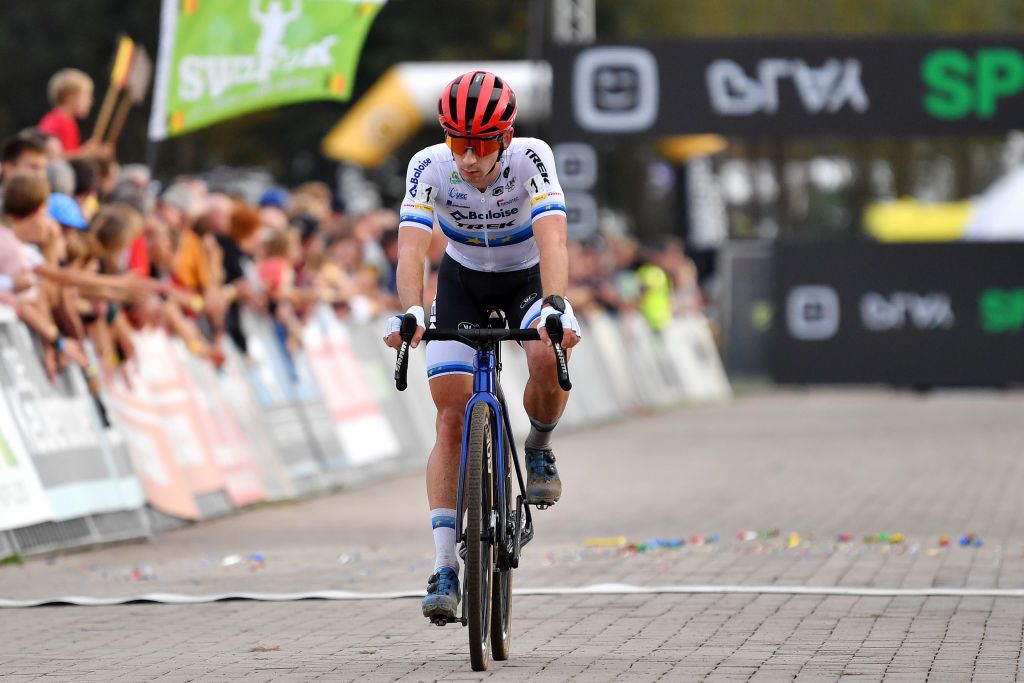 RUDDERVOORDE BELGIUM OCTOBER 29 Lars Van Der Haar of The Netherlands and Team Baloise Trek Lions crosses the finish line on third place during the 36th Superprestige Ruddervoorde 2022 Mens Elite SPRuddervoorde Superprestige2023 Cyclocross on October 29 2022 in Ruddervoorde Belgium Photo by Luc ClaessenGetty Images