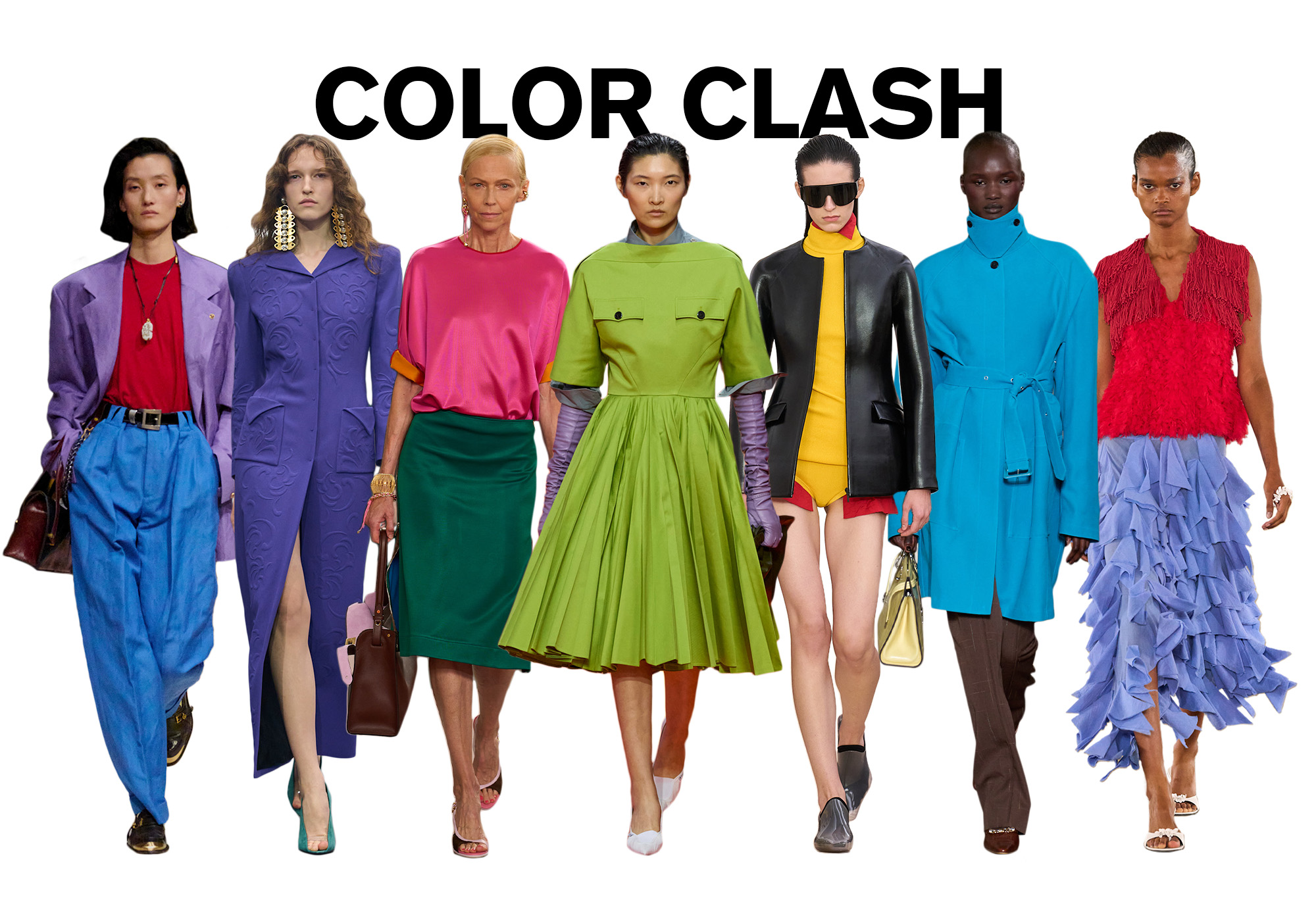 A photo of 7 models from the S/S 26 runway shows wearing clashing colors against a white background. On top, the title is, 