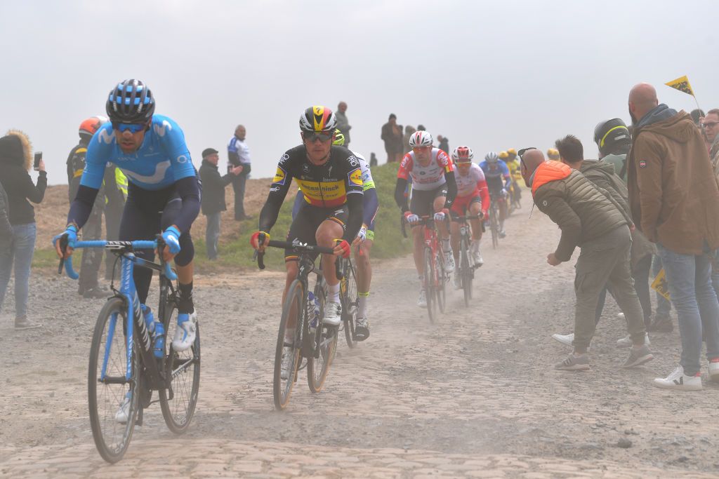 Belgian champion Yves Lampaert tackles a cobbled sector