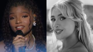 From left to right: Halle Bailey singing into a mic, performing "Part of Your World" at Disneyland and Sabrina Carpenter, in black and white, smiling in the "Espresso" music video.