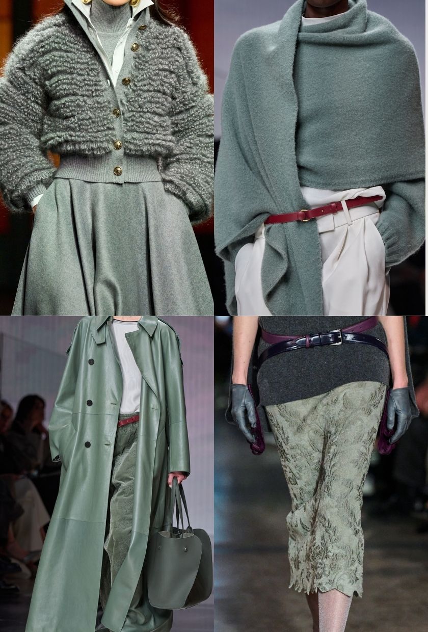 A sea moss cardigan and skirt, shawl, long coat and trousers, gloves and skirt on the Luisa Spagnoli, Giorgio Armani and Kegel's Autumn/Winter 2026 runways.