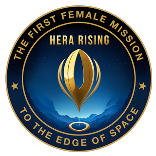 a circular badge. around the edge are the words "the first female mission to the edge of space." in the center is a golden balloon rising with blue clouds and a fading blue to black sky behind
