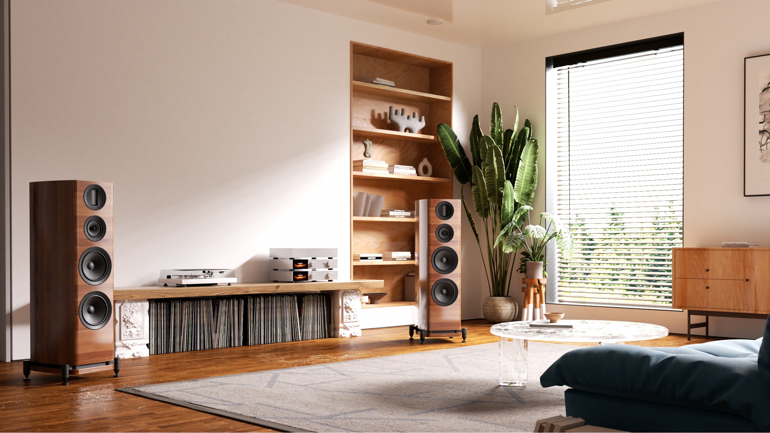 Wharfedale Elysian 4R floorstanders in walnut next to a rack