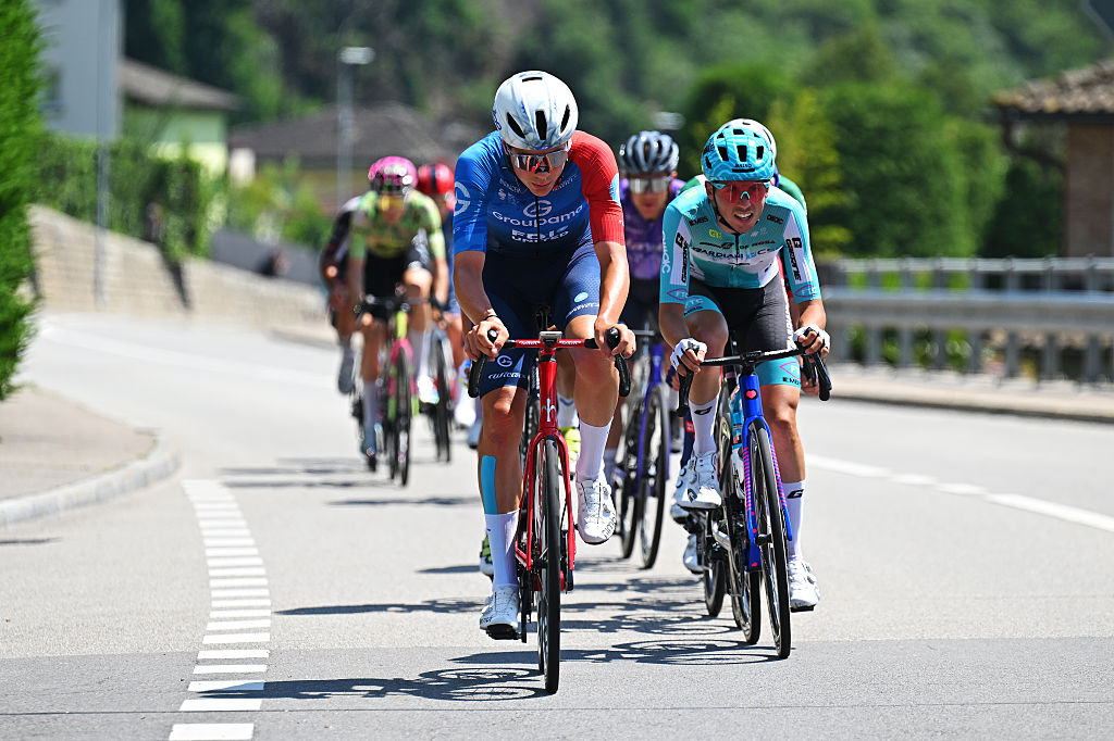 CARI, SWITZERLAND - MAY 26: (L-R) Johan Jacobs of Switzerland and Team Groupama - FDJ United and Manuele Tarozzi of Italy and Team Bardiani CSF 7 Saber compete in the breakaway during the 109th Giro d&amp;amp;apos;Italia 2026, Stage 16 a 113km stage from Bellinzona to Cari 1645m / #UCIWT / on May 26, 2026 in Cari, Switzerland. (Photo by Tim de Waele/Getty Images)