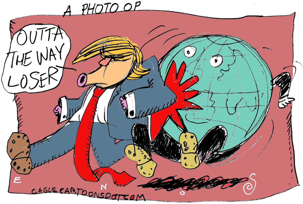 Political cartoon U.S.&amp;amp;nbsp;Trump abroad NATO photo shove