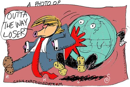 Political cartoon U.S.&nbsp;Trump abroad NATO photo shove