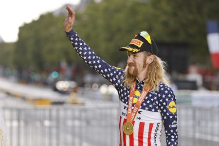 PARIS, FRANCE - JULY 26: Team Lidl - Trek - with Quinn Simmons of USA - wins the 'best team' trophy during the podium ceremony following Stage 21 of the 113th Tour de France 2026, final stage of 88,7 km between Paris Champs Elysees and Paris Champs Elysees on July 26, 2026 in Paris, France. (Photo by Jean Catuffe/Getty Images)