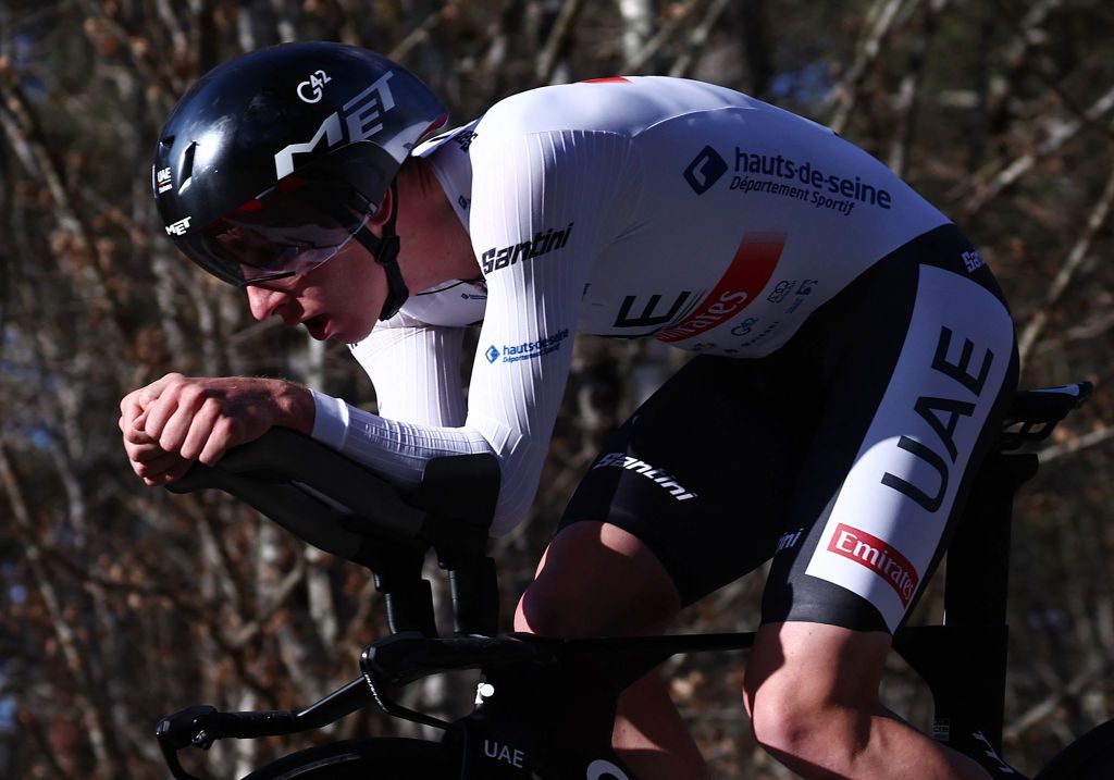 UAE Team Emirates Slovenian rider Tadej Pogacar cycle during the 3rd stages team trial of the 81st Paris Nice cycling race 322 km between DampierreenBurly and DampierreenBurly on March 7 2023 Photo by ANNECHRISTINE POUJOULAT AFP Photo by ANNECHRISTINE POUJOULATAFP via Getty Images