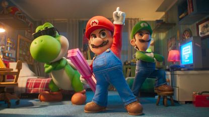 Yoshi (Donald Glover), Mario (Chris Pratt) and Luigi (Charlie Day) posing in The Super Mario Galaxy Movie