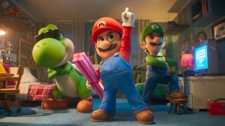 Yoshi (Donald Glover), Mario (Chris Pratt) and Luigi (Charlie Day) posing in The Super Mario Galaxy Movie