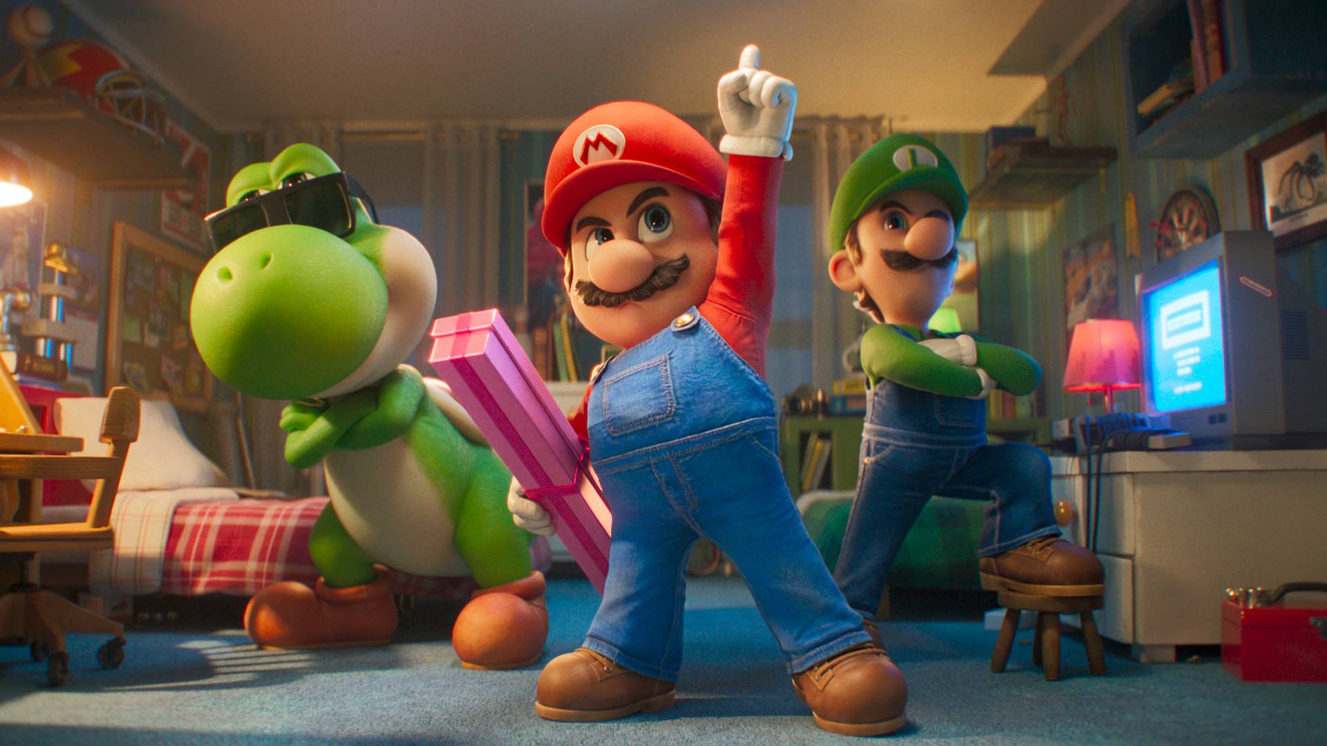 Yoshi (Donald Glover), Mario (Chris Pratt) and Luigi (Charlie Day) posing in The Super Mario Galaxy Movie