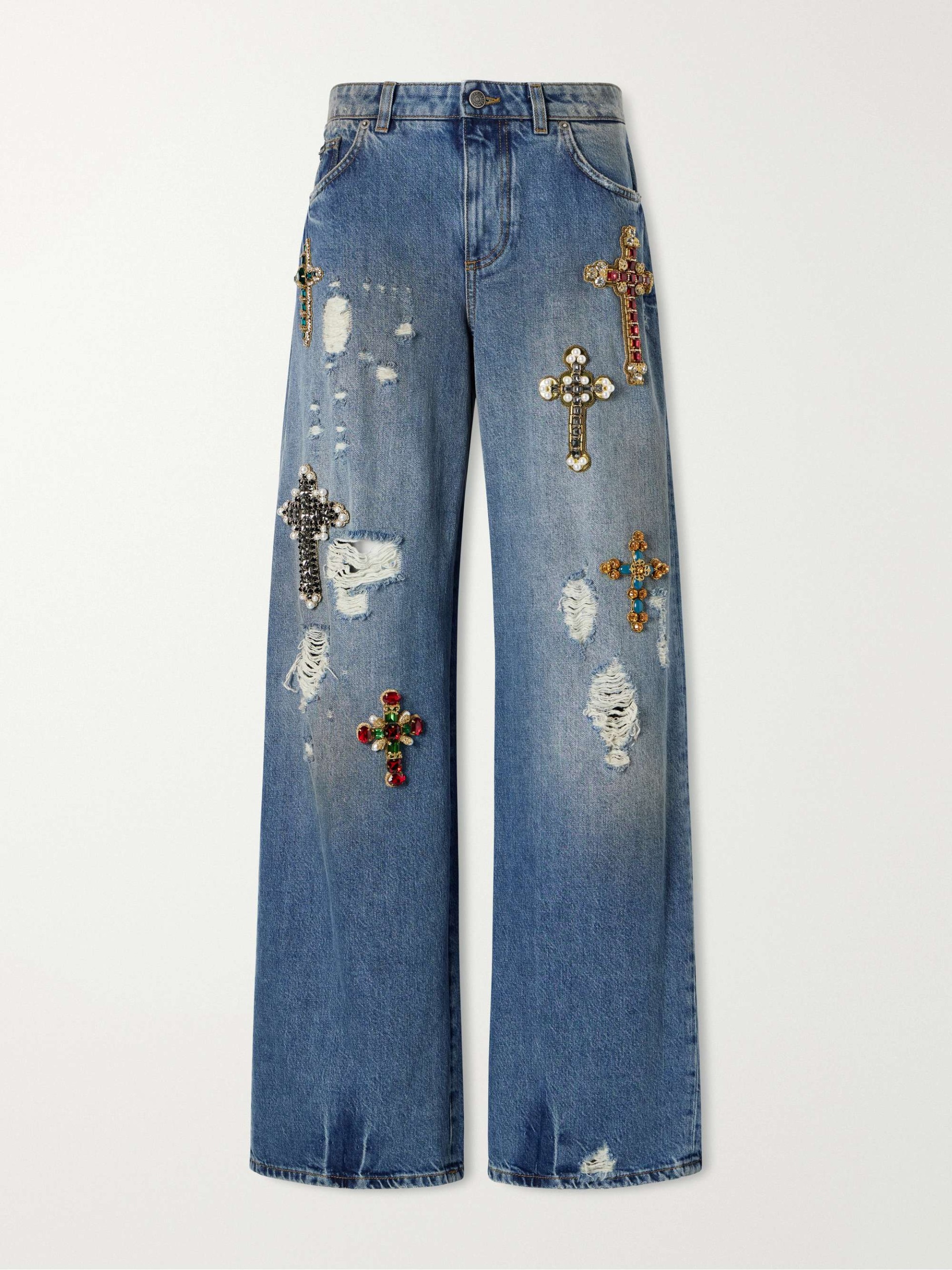 Embellished Distressed High-Rise Wide-Leg Jeans